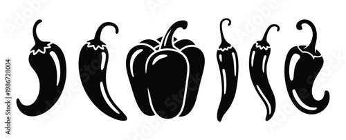 Black and white silhouette set of various chili peppers and a single bell pepper isolated on a white background