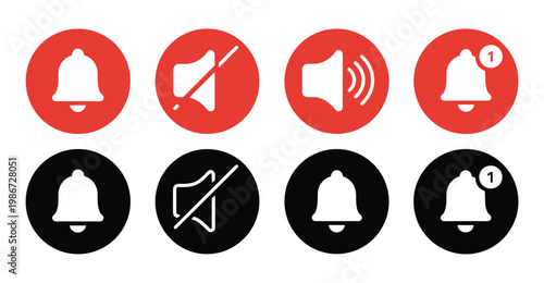 Set of eight flat circular featuring white bell and speaker symbols on red and black backgrounds representing notification mute and volume settings for digital interfaces
