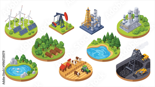 A Comprehensive Isometric Overview of Renewable, Industrial, and Natural Assets