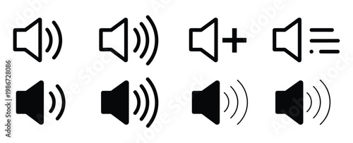 Set of eight black and white speaker volume featuring outline and solid styles with sound waves plus sign and horizontal lines on a white background