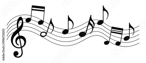 Black musical notes and a treble clef arranged on a flowing five line musical staff isolated on a white background