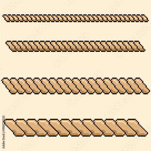Set editable pixel brown ropes vector for retro adventure games. Ideal for symbolizing 8-bit digital strength, arcade style binding knots, and nostalgic connections.