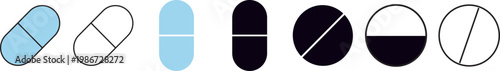 Capsule pill icon set, professional vector illustration of medicine tablets and healthcare symbols. pharmaceutical blister pack symbols vector icons. vector set of capsule, pill, and tablet symbols.

