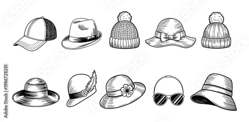 Set of hand drawn hats and sunglasses featuring baseball cap fedora beanie sun hat cloche with feather flower decoration and round frame eyewear in black and white ink style on white background