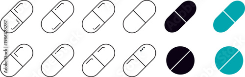 Capsule pill icon set, professional vector illustration of medicine tablets and healthcare symbols. pharmaceutical blister pack symbols vector icons. vector set of capsule, pill, and tablet symbols.
