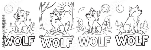 Cute wolf cartoon character coloring page set with four scenes showing sitting wolf in forest with sun moon trees playful and curious expression line art illustration 