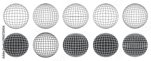 Ten spherical grid patterns arranged in two rows with varying line weights and fill styles on a white background