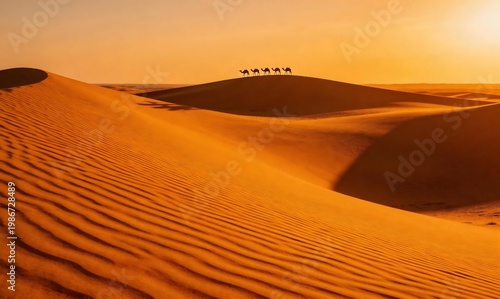 Golden hour desert landscape with towering dunes and a distant camel caravan, symbolizing ancient journeys and the serene beauty of the expansive wilderness