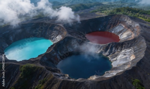 Stunning aerial view of three vibrant volcanic crater lakes, each with a distinct color, showcasing geological wonders