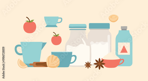 A charming flat vector illustration depicts a cozy collection of baking ingredients and kitchen tools in soft pastel colors on a cream background.