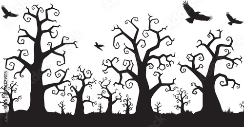 Spooky halloween graveyard scene with bare trees tombstones and flying bats on white background