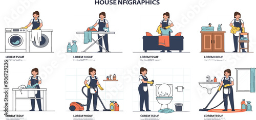 House Cleaning Infographics Set with Woman Performing Laundry Ironing Vacuuming Bathroom Cleaning and Kitchen Hygiene Tasks Flat Vector Illustration Collection