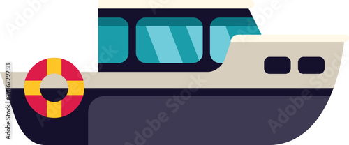 Motorboat floating with a lifebuoy, representing travel, leisure, and transportation by sea