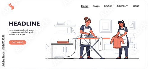 House Cleaning Service Landing Page Template with Professional Maids Ironing Clothes Modern Website Header Design for Laundry and Domestic Services Vector Illustration