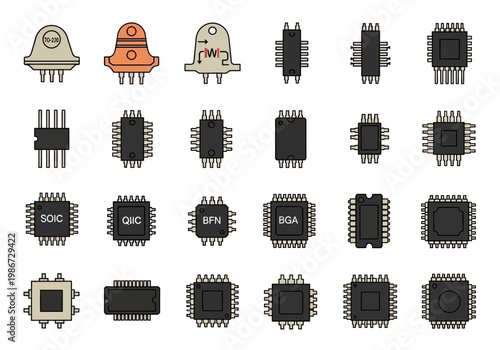 A collection of various microchip illustrations and alien characters on a white background
