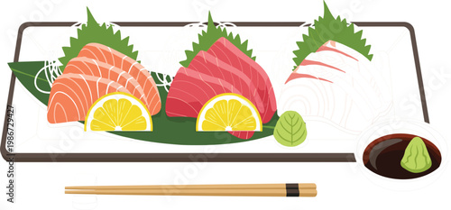 Japanese Sushi Sashimi Platter with Fresh Salmon Tuna White Fish Lemon Wasabi and Soy Sauce Traditional Asian Food Vector Illustration