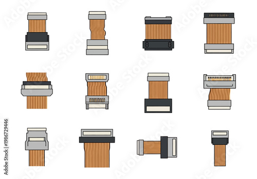Various metal buckles and brown straps are arranged in rows on a clean surface.