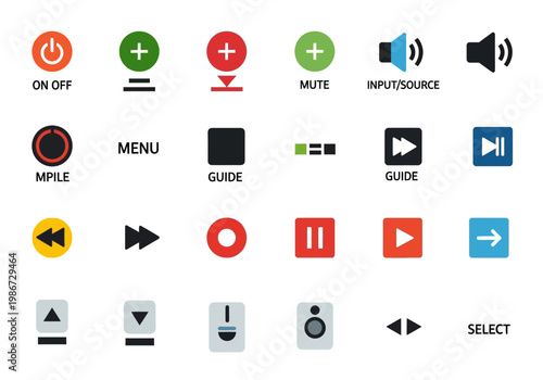 A remote control device with various buttons and symbols is displayed on a surface.