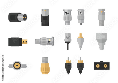 Various electronic connectors and plugs are arranged on a white surface indoors.
