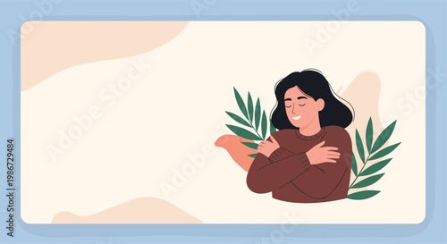 Woman hugging herself with a peaceful expression, self love and mental health awareness concept on light background.