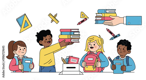 Diverse children collecting books for charity symbolizing generosity and education