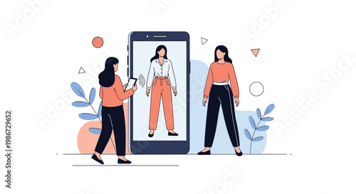 Woman using an augmented reality app on her phone to try on virtual clothes displayed on a digital mobile screen.