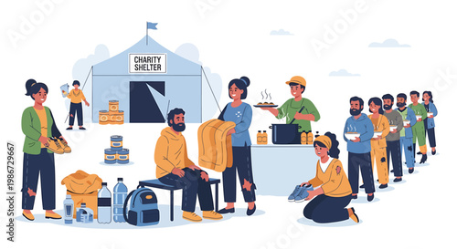 People volunteer and receive aid at a community charity shelter with food and clothing donations