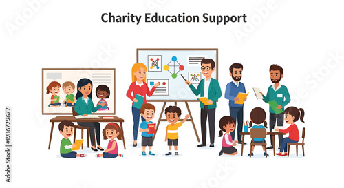 Diverse group of children and adults learning together in classroom setting for charity education support