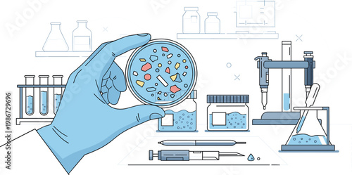Microplastics Analysis in Laboratory with Scientist Hand Holding Petri Dish Environmental Pollution Research and Water Contamination Study Vector Illustration