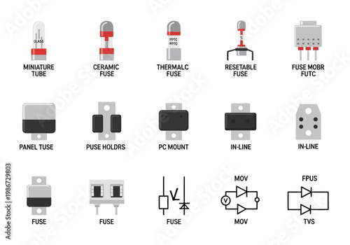 Various fuses and circuit protection devices on a white background