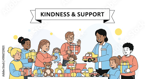 Diverse group of people donating toys and showing kindness and support to children in need on charity day