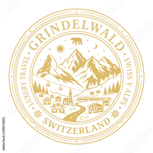 Grindelwald Switzerland luxury travel emblem featuring alpine mountain landscape vector illustration