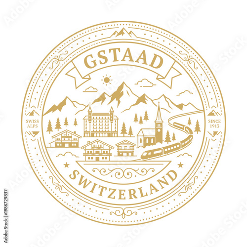 Gstaad Switzerland travel emblem with alpine landscape and train vector illustration