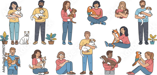 People with Pets Collection Featuring Men and Women Holding Cats Dogs Parrots and Small Animals Cute Pet Owner Lifestyle Vector Illustration Set