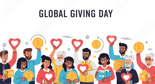 Diverse group of people celebrating global giving day with hearts and coins