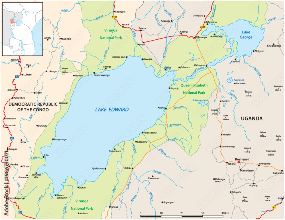 Fototapeta premium Map of Lake Edward, east Africa, Uganda, Dr Congo
