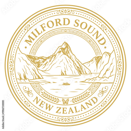 Ornate gold Milford Sound New Zealand travel seal with Mitre Peak vector illustration