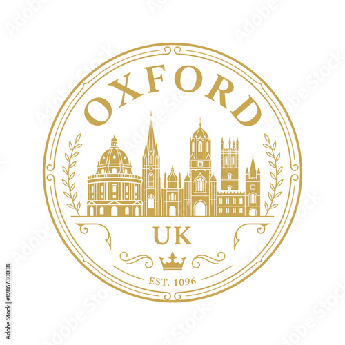 Oxford UK city skyline emblem with historic architecture in gold vector style