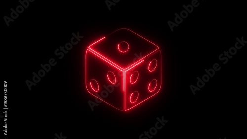 Neon glowing dice with five dots on dark black background animation loop 3 d gambling concept