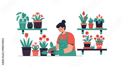 Young female gardener in an apron taking care of various potted plants on shelves in a bright home greenhouse setting.