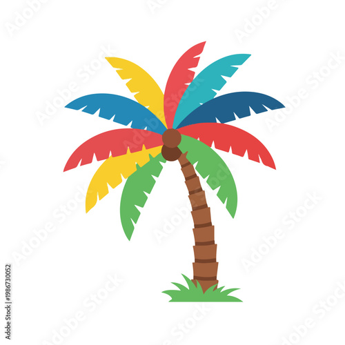 A colorful palm tree with multi colored leaves