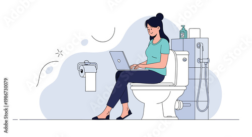 Young woman multitasking by working on her laptop while sitting in a modern bathroom with toilet paper and hygiene products.