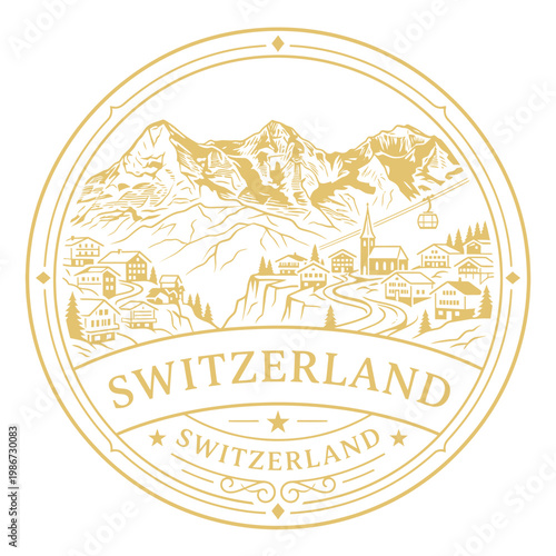 Switzerland alpine village and mountains vintage emblem in gold line art vector illustration