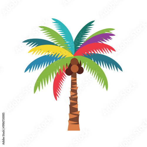 A colorful palm tree with multicolored leaves