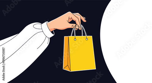Person holding a yellow paper shopping bag against a dark background with a bright circular light focus on the right side.