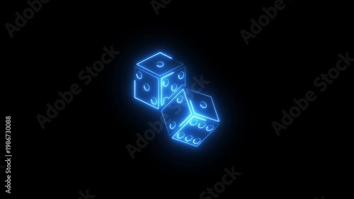 Neon blue glowing dice rolling in motion with abstract dark background animated rolling dice symbolizing luck chance gambling gaming