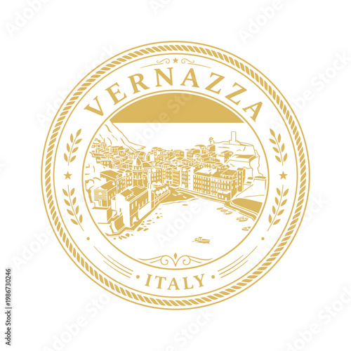Vintage gold Vernazza Italy travel seal featuring coastal village landscape vector illustration