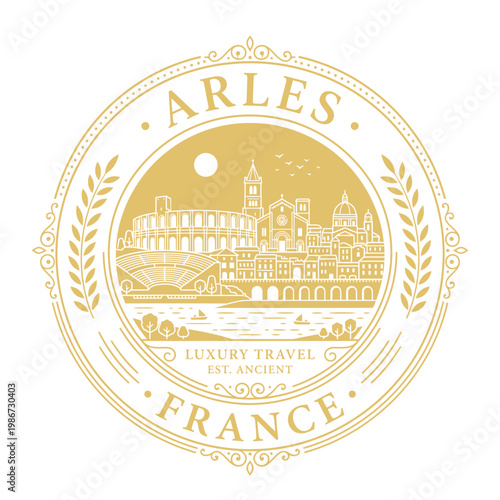 Arles France luxury travel emblem with historical landmarks gold line art vector