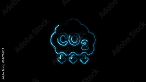 Neon blue c o2 emission cloud animation with downwards arrow symbolizing carbon dioxide reduction and environmental awareness concept