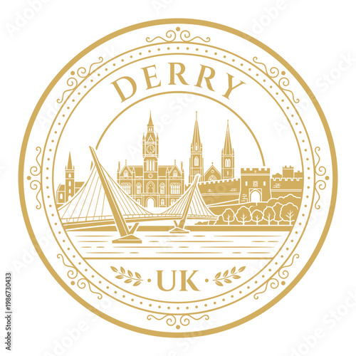 Derry Northern Ireland city skyline gold circular stamp vector illustration